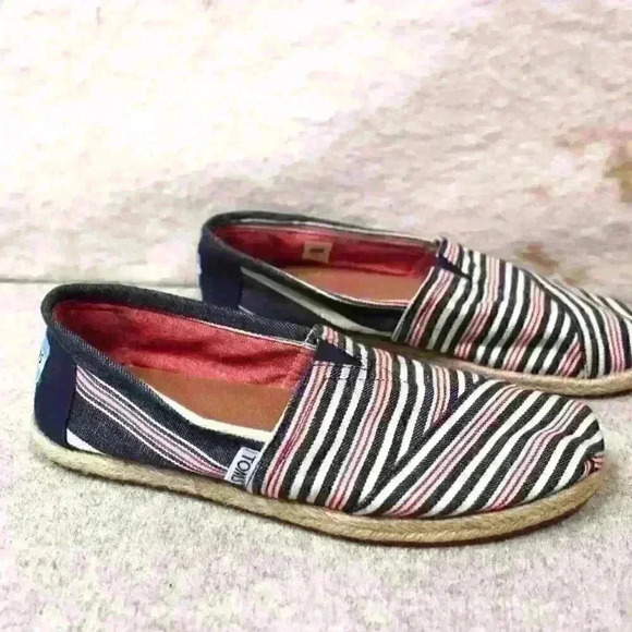 TOMS Alpargata Striped Slip On Espadrille Flat Raffia Sole Shoes Women Size 7.5 - Picture 2 of 11